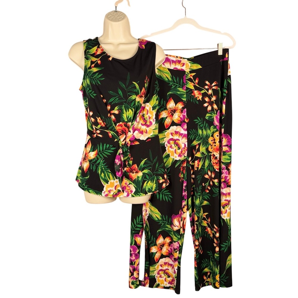 ECI New York 2pc Set Womens Medium Black Tropical Floral Top‎ Pants Travel Knit